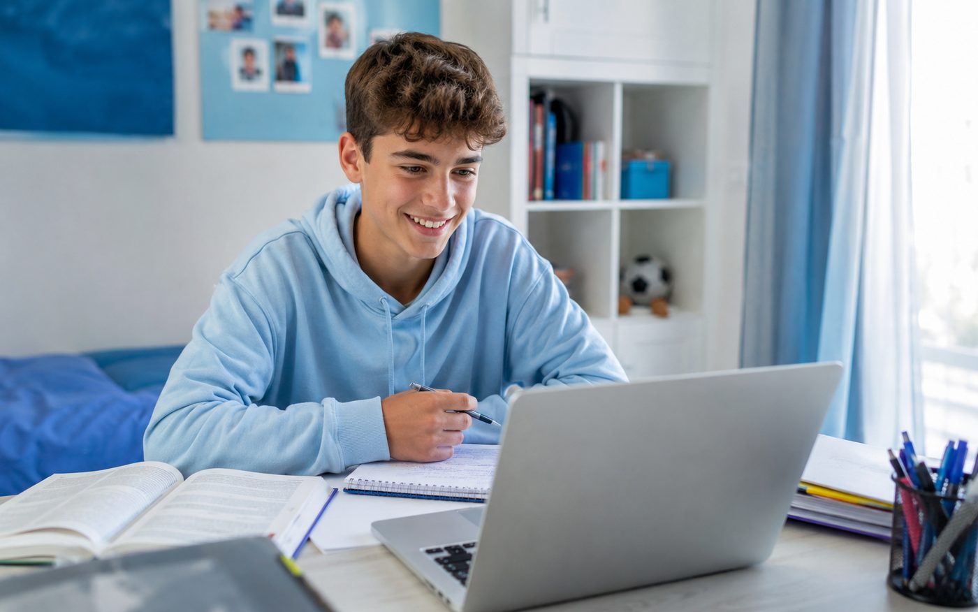 Uno studente sorridente segue una lezione online dal suo computer
